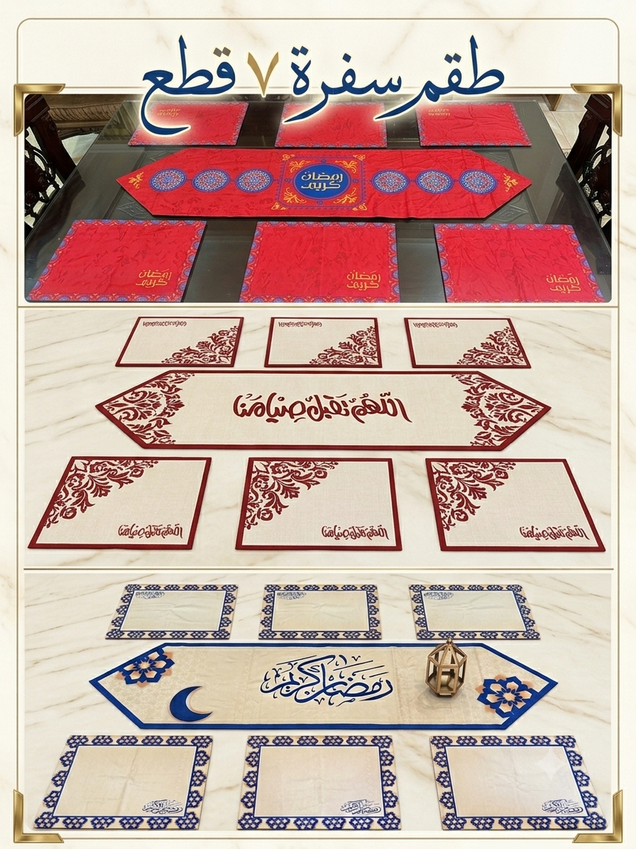 قريباً: طقم مفارش طاولة 7 قطع (مفرش طولي + 6 قواعد أكواب)
