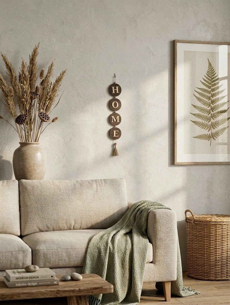 Moderne Wanddekoration aus Holz „HOME“ – Elegantes Wandschild mit Quaste & Holzperlen, Handgefertigt in Ägypten (60 cm)