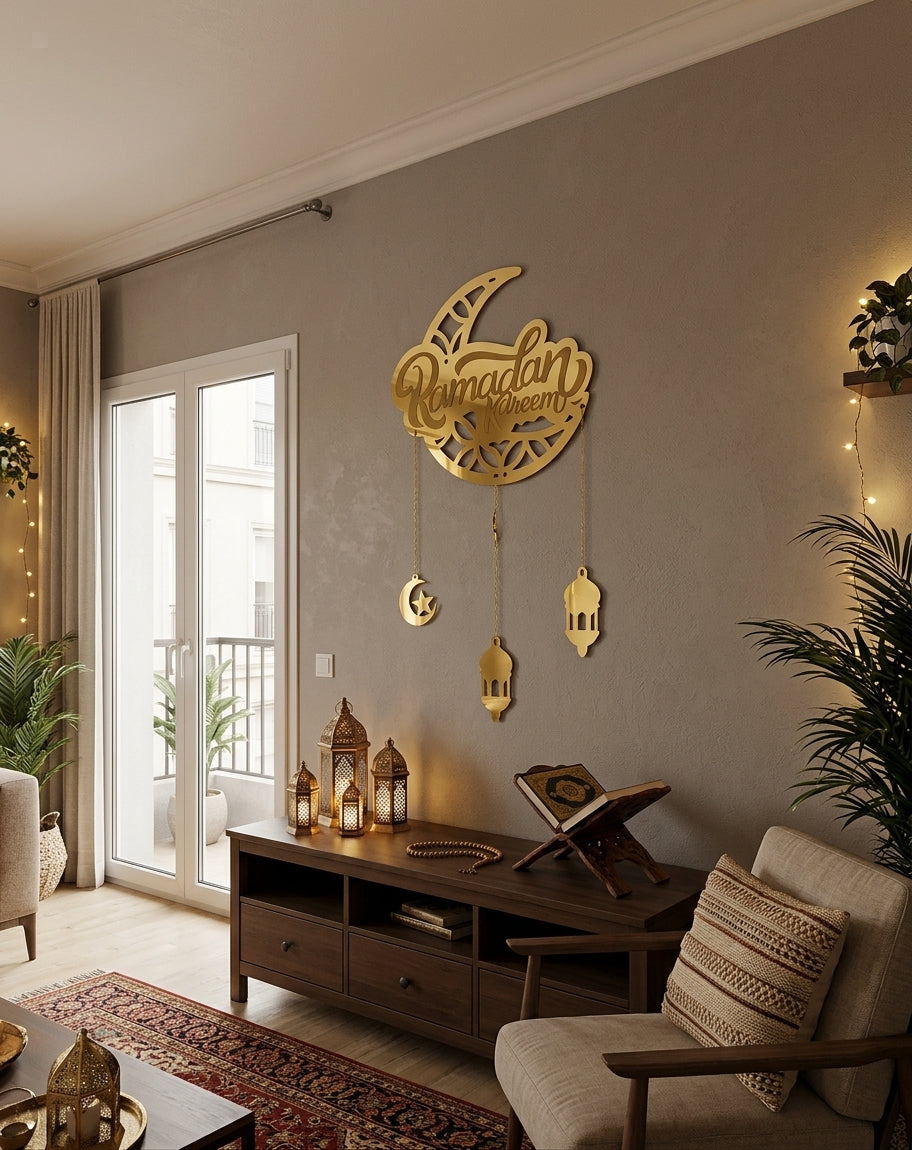 Eleganter Ramadan Wandhänger aus Gold-Acryl - 40×50 cm (Hergestellt in Ägypten)