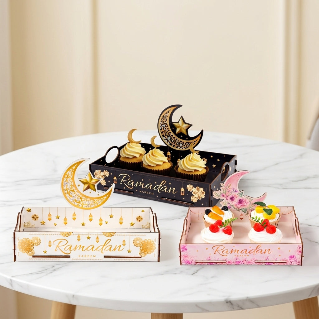 Coming soon Elegante Ramadan & Eid Holz-Servierplatte mit Griff | Aufbewahrungsbox für Snacks, Desserts & Getränke (3 Farben)