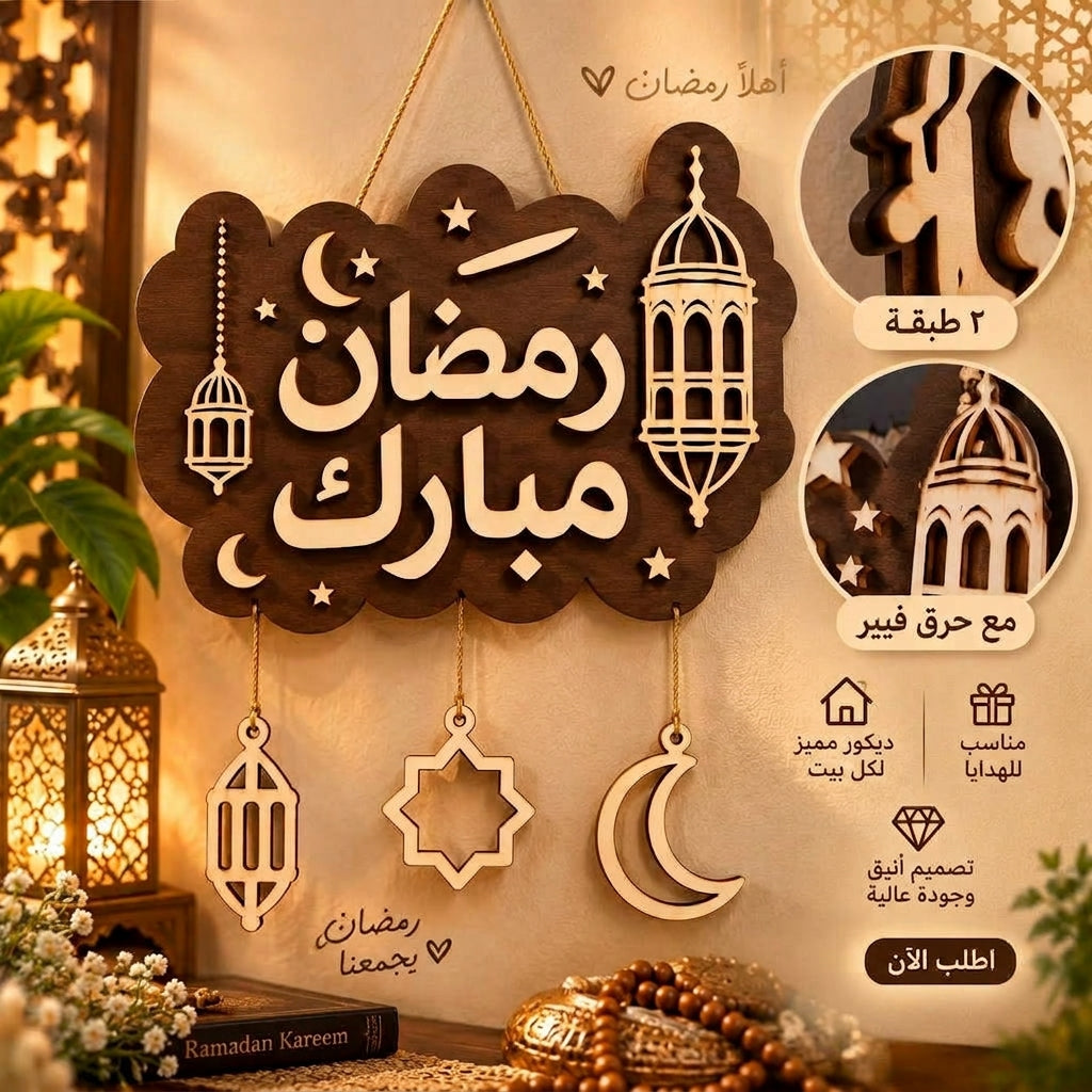 تعليقة زينة رمضانية من الخشب "رمضان مبارك" – بطبقتين مع تفاصيل حرق على الخشب (50×50 سم)
