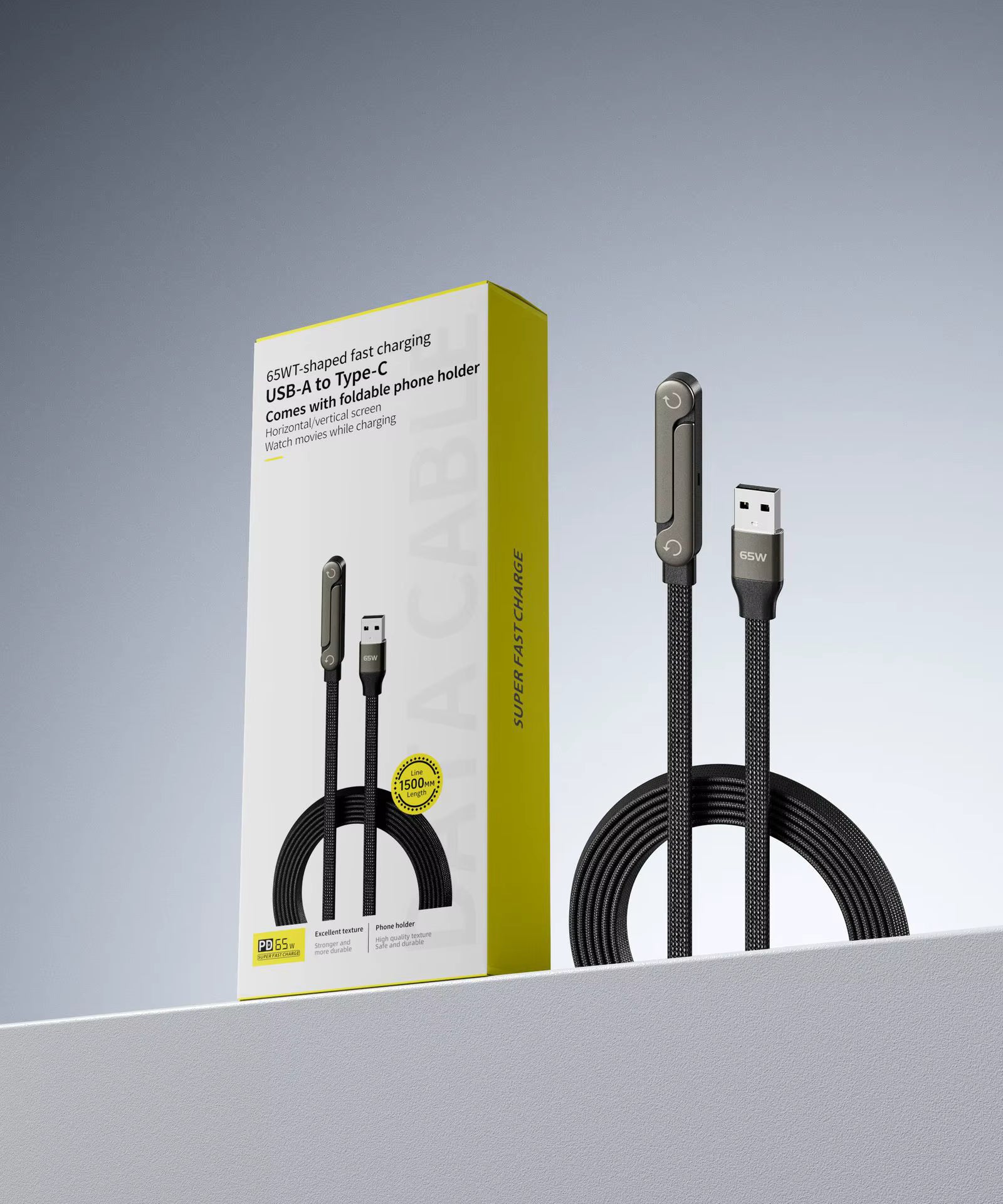 2 In 1 240W Schnellladekabel USB-A auf C + Ständer 1.5m PD Ladekabel iPhone Samsung Huawei Typ C