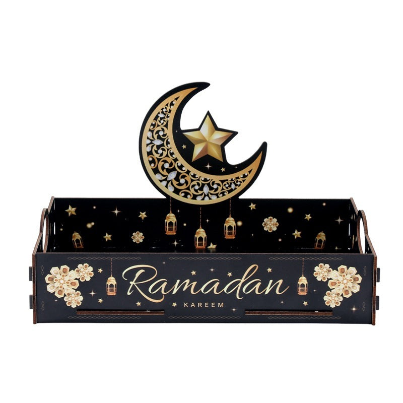 Coming soon Elegante Ramadan & Eid Holz-Servierplatte mit Griff | Aufbewahrungsbox für Snacks, Desserts & Getränke (3 Farben)