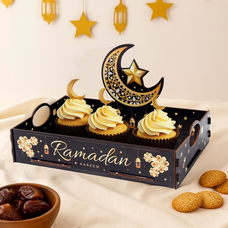 Coming soon Elegante Ramadan & Eid Holz-Servierplatte mit Griff | Aufbewahrungsbox für Snacks, Desserts & Getränke (3 Farben)