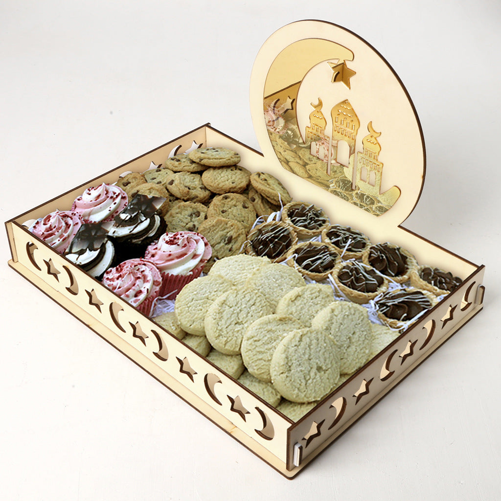 Coming soon Elegantes Eid Mubarak & Ramadan Holz-Serviertablett mit Mond & Sternen – Große Dekorative Servierschale für das Islamische Zuckerfest