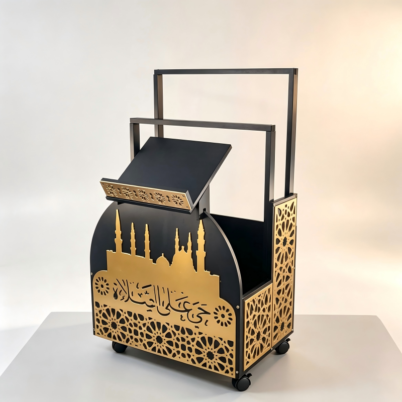 Coming soon Gebetsteppichständer & Bücherregal aus Holz mit Rollen – Mobiles Aufbewahrungsregal im orientalischen Design