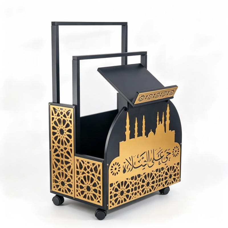 Coming soon Gebetsteppichständer & Bücherregal aus Holz mit Rollen – Mobiles Aufbewahrungsregal im orientalischen Design