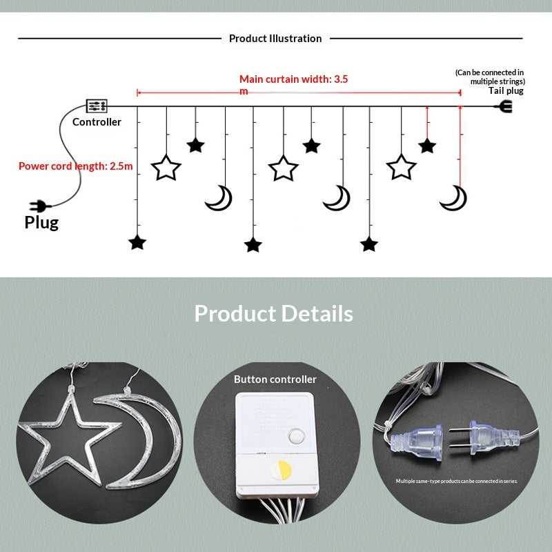 Coming soon Ramadan Lichtkette stern & Mond LED-Lichterkette 350 cm mit Fernbedienung – IP44 – Warmweiß 3000K – Weihnachts- & Ramadan-Deko