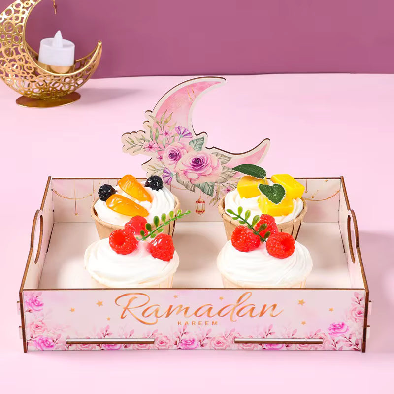Coming soon Elegante Ramadan & Eid Holz-Servierplatte mit Griff | Aufbewahrungsbox für Snacks, Desserts & Getränke (3 Farben)