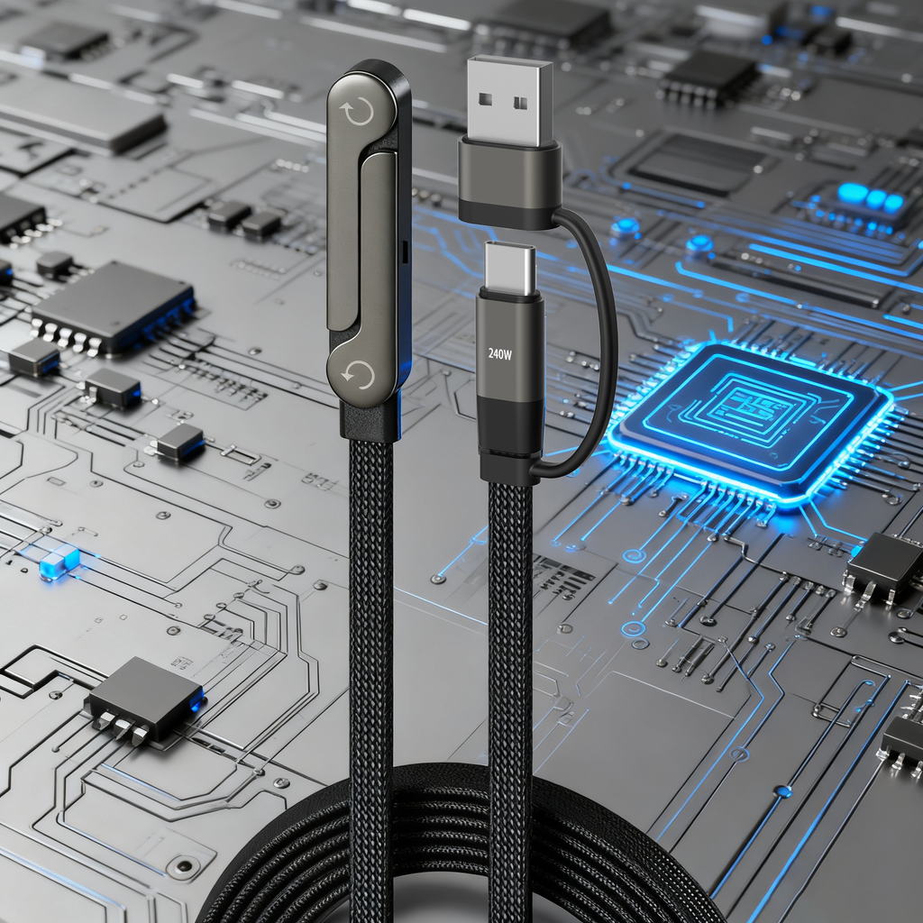 كابل شحن سريع 2 في 1 بقوة 240 واط USB-A/C إلى C + حامل 1.5 متر PD كابل شحن آيفون سامسونج هواوي تايب سي