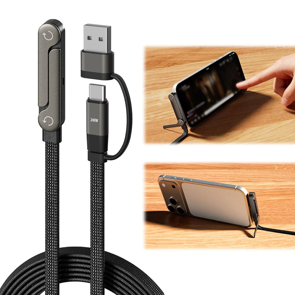 كابل شحن سريع 2 في 1 بقوة 240 واط USB-A/C إلى C + حامل 1.5 متر PD كابل شحن آيفون سامسونج هواوي تايب سي