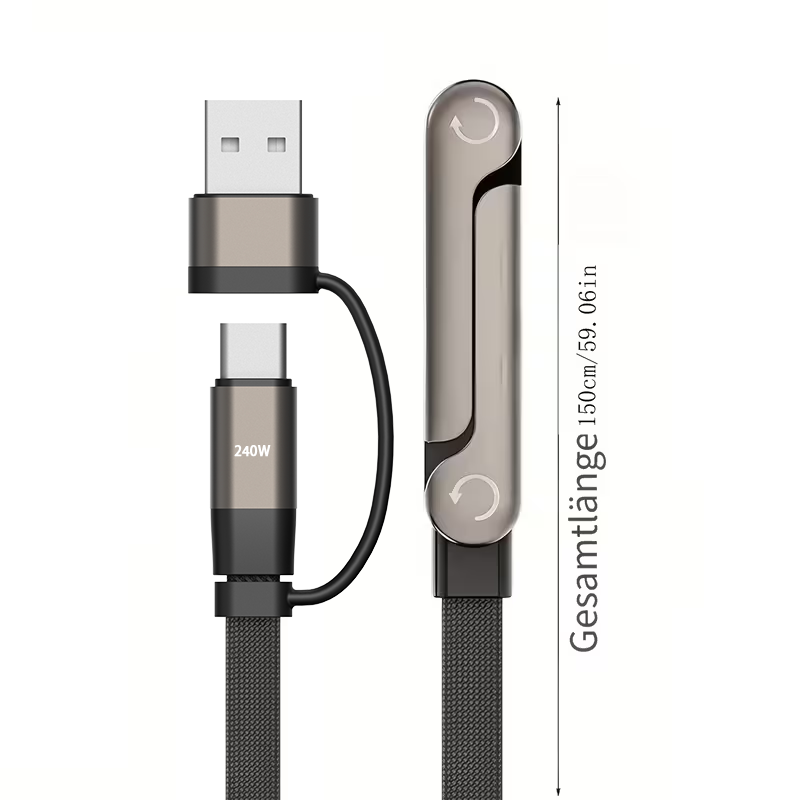 كابل شحن سريع 2 في 1 بقوة 240 واط USB-A/C إلى C + حامل 1.5 متر PD كابل شحن آيفون سامسونج هواوي تايب سي