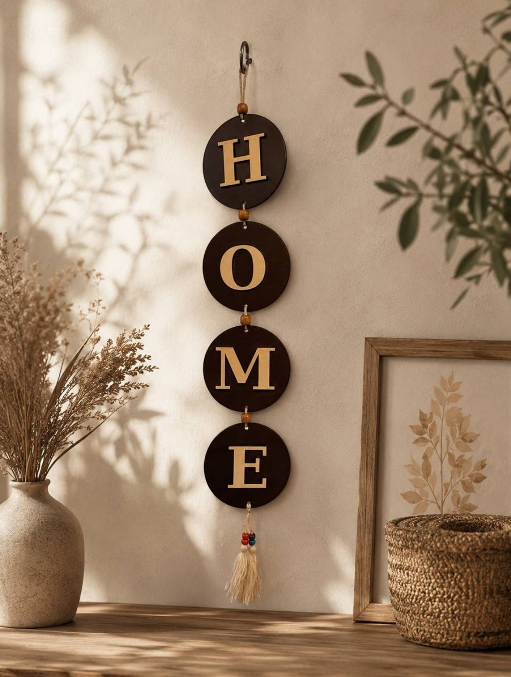Moderne Wanddekoration aus Holz „HOME“ – Elegantes Wandschild mit Quaste & Holzperlen, Handgefertigt in Ägypten (60 cm)