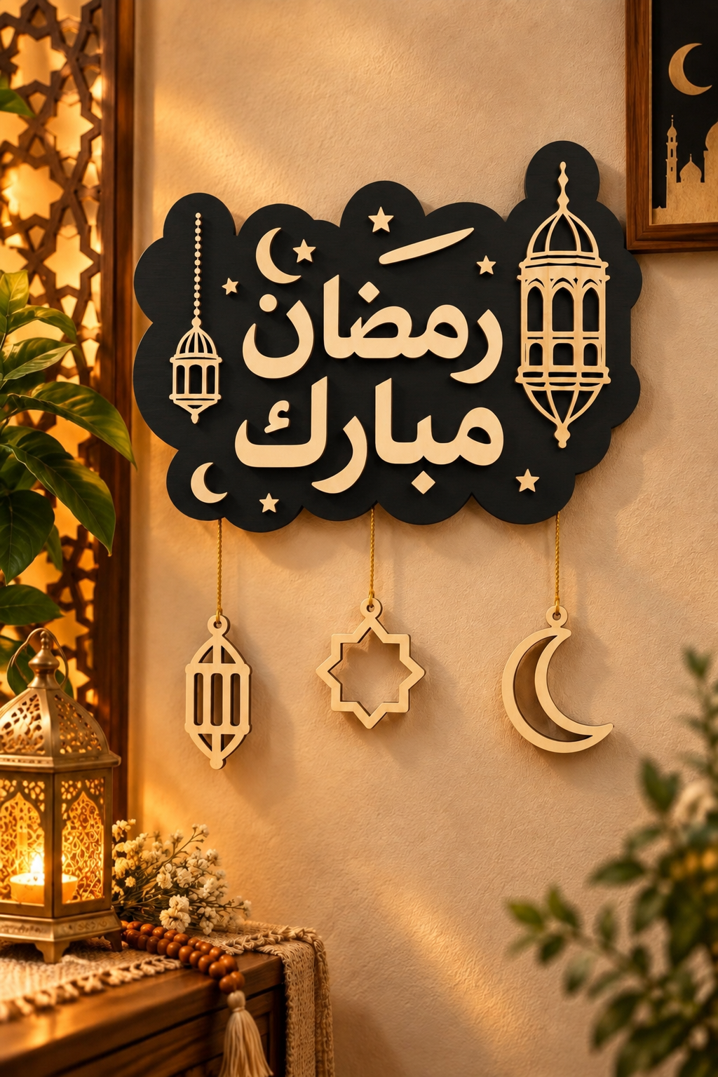 Ramadan Deko-Hänger aus Holz "Ramadan Mubarak" – 2-lagig mit Brandmalerei-Detail (35x40 cm)