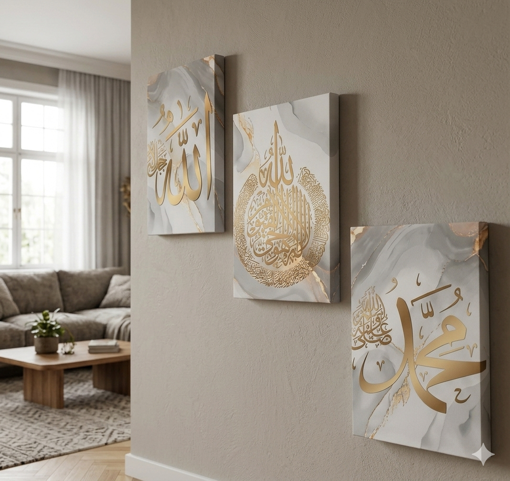 3-teilige Islamisch Wand Deko Canvas mit Holz-Rahmen, je 25x35 cm